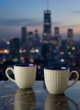 Handcrafted Speckled Ceramic Coffee Mugs with Navy Blue Rim - Set of 2 — view 4