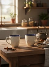 Handcrafted Speckled Ceramic Coffee Mugs with Navy Blue Rim - Set of 2 — view 2