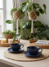 Midnight Navy Matte Ceramic Teacup and Saucer Set of 2 — view 3