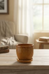 Rustic Ochre Textured Ceramic Planter with Matching Saucer — view 1