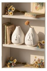 Whimsical Minimalist White Ceramic Face Vases - Set of 2 Decorative Character Flower Pots — view 2