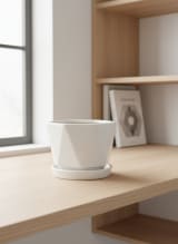 Geometric White Ceramic Planter with Saucer - Modern Indoor Flower Pot — view 1