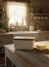 Artisanal White Ceramic Butter Dish with Natural Bamboo Lid — view 4