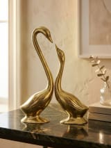 Polished Brass Swan Pair on Pedestal - Love Birds Showpiece — view 2