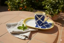 Moroccan Blue and Yellow Lattice Ceramic Coffee Mug with Oval Saucer Set