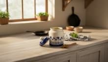 Artisanal Blue & White Palm Tree Hand-Painted Ceramic Pickle Jar with Lid