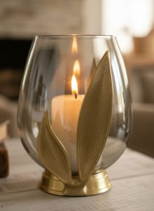 Elegant Glass Hurricane Candle Holder with Brass Leaf Base