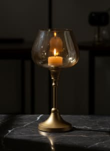 Elegant Brass and Amber Glass Hurricane Candle Holder - Vintage T-Light Stand