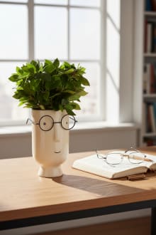 Quirky Ceramic Face Planter with Glasses - Off-White Decorative Vase
