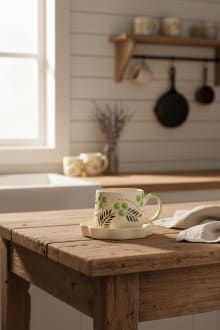 Artisanal Hand-Painted Botanical Ceramic Teacup with Wavy Saucer - Green Leaf Motif