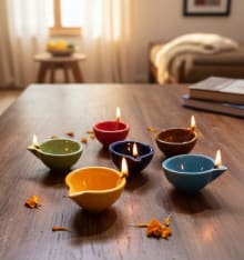 Handcrafted Multi-Color Ceramic Diya Set - Set of 6 Decorative Oil Lamps