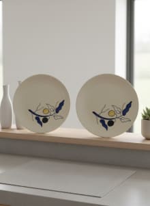 Hand-Painted Cream Artisan Ceramic Dinner Plate Set - Botanical Bliss