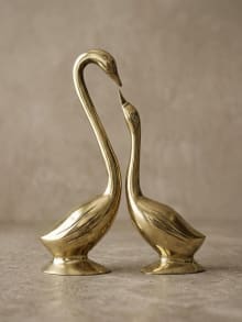 Polished Brass Swan Pair on Pedestal - Love Birds Showpiece