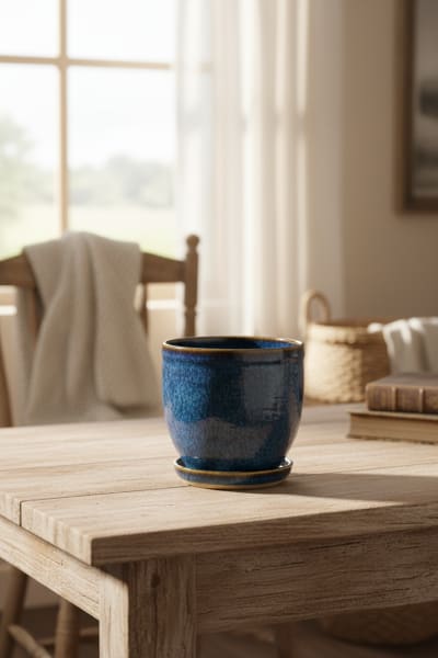 Artisan Blue Glazed Ceramic Indoor Planter with Drainage Saucer