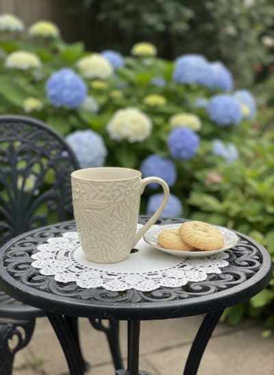 Hand-Embossed Cream Floral Ceramic Coffee Mug - Large 400ml Artisan Tea Cup