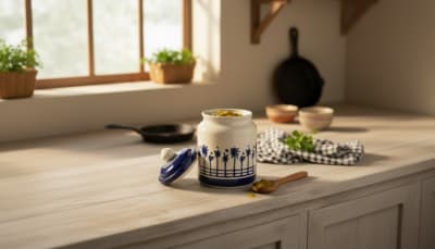 Artisanal Blue & White Palm Tree Hand-Painted Ceramic Pickle Jar with Lid