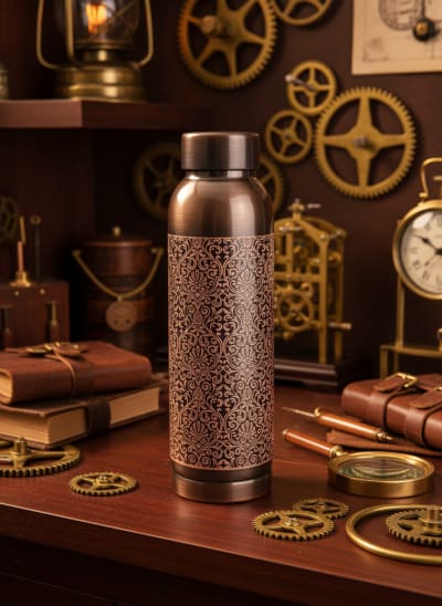 Vintage Antique Finish Laser Etched Pure Copper Water Bottle - 950 ml