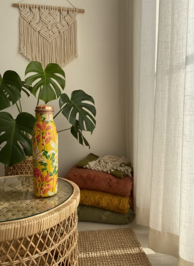 Hand-Painted Floral Yellow Copper Water Bottle - Artisan Health & Wellness - 950 ml