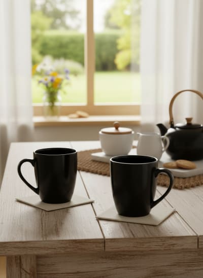 Glossy Black Ceramic Mug Set - Set of 2 Modern Coffee & Tea Cups
