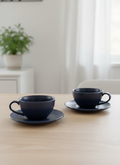 Midnight Navy Matte Ceramic Teacup and Saucer Set of 2