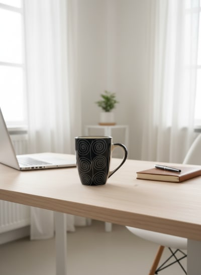 Handcrafted Black Ceramic Coffee Mug with White Spiral Motif - Elegant Tea and Coffee Cup