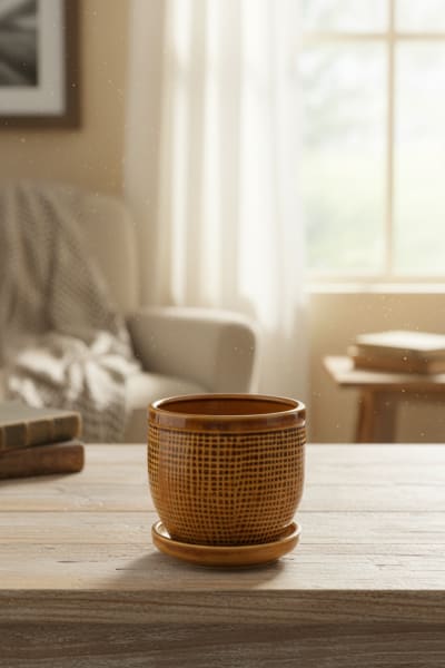 Rustic Ochre Textured Ceramic Planter with Matching Saucer