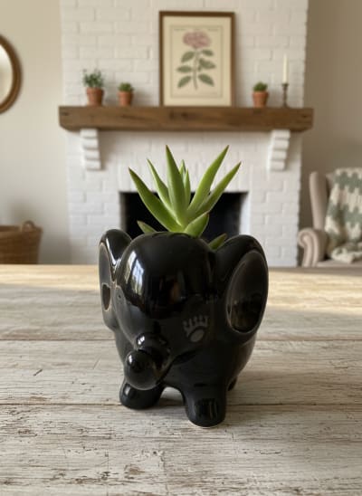Glossy Black Elephant Ceramic Planter for Indoor Succulents and Mini Plants
