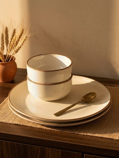 Ivory Speckled Ceramic Dinner Set - 2 Plates & 2 Bowls