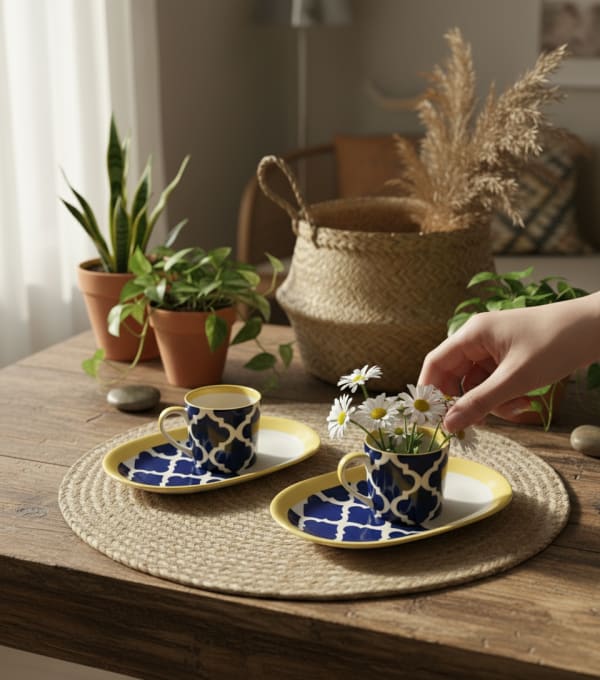 Moroccan Blue and Yellow Ceramic Teacup and Saucer Set of 2 — alternate view