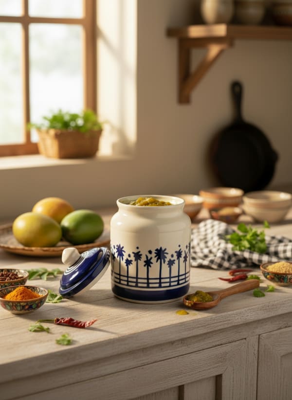 Artisanal Blue & White Palm Tree Hand-Painted Ceramic Pickle Jar with Lid — alternate view