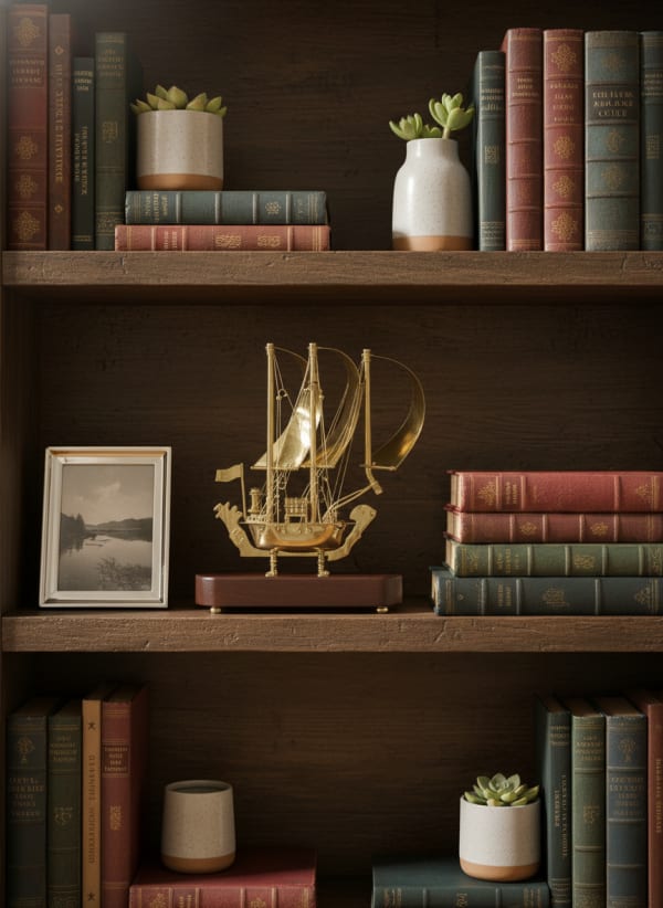 Premium Handcrafted Golden Brass Sailing Ship Model with Wooden Base - Luxury Nautical Home & Office Decor — alternate view