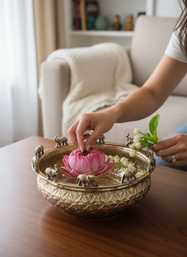 Handcrafted Traditional Brass Urli with Elephant Figurines - Decorative Bowl for Floating Flowers — alternate view