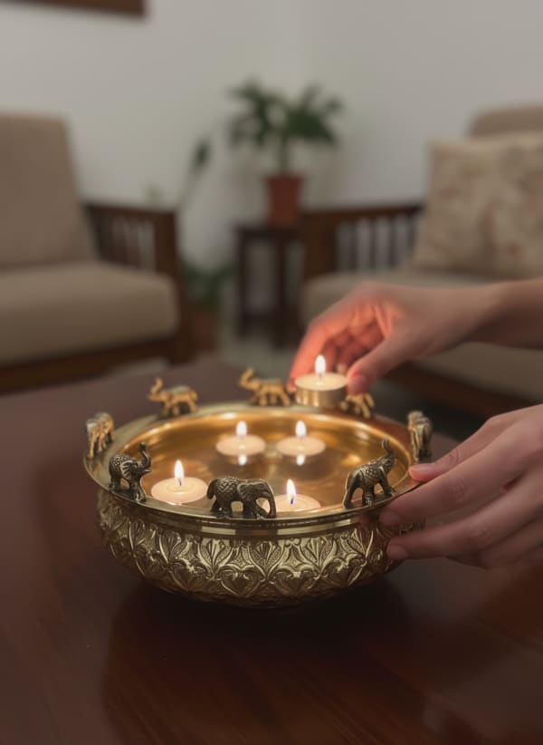 Royal Elephant Brass Urli Centerpiece with Engraved Patterns — alternate view