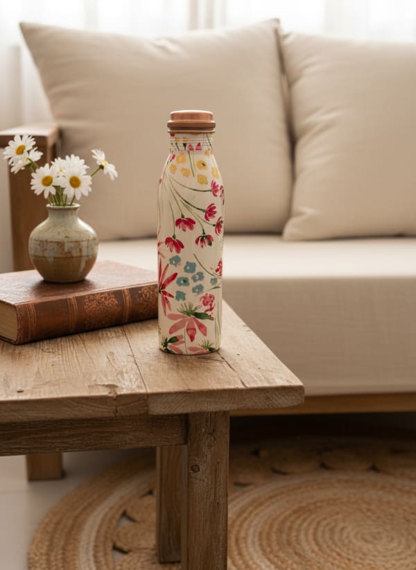 Hand-Painted Floral Pure Copper Water Bottle  — alternate view