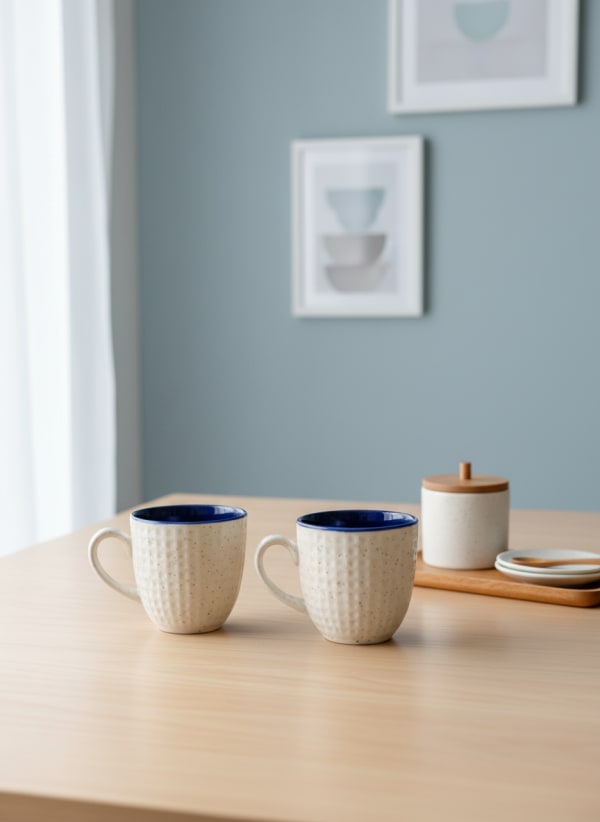 Handcrafted Speckled Ceramic Coffee Mugs with Navy Blue Rim - Set of 2