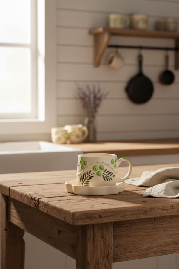 Artisanal Hand-Painted Botanical Ceramic Teacup with Wavy Saucer - Green Leaf Motif