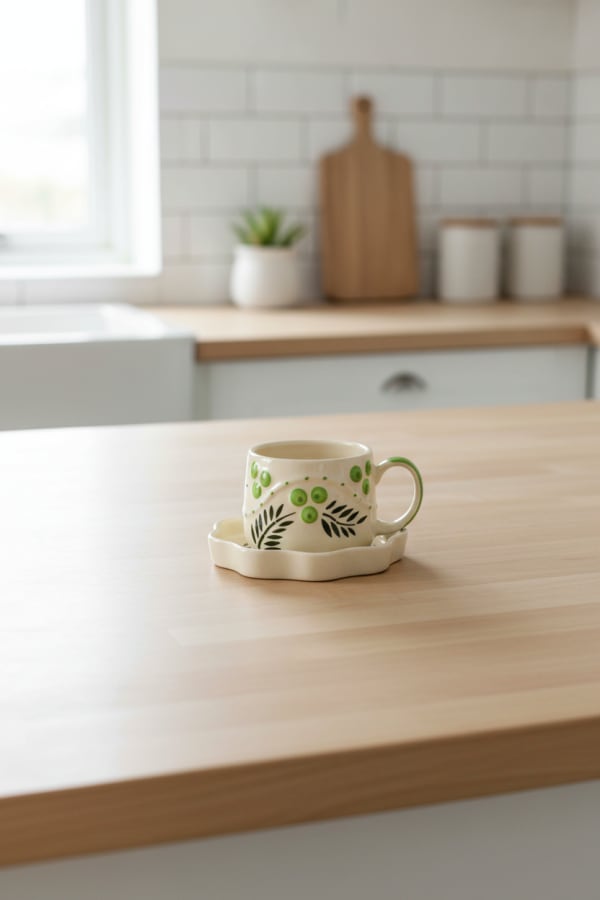 Artisanal Hand-Painted Botanical Ceramic Teacup with Wavy Saucer - Green Leaf Motif — alternate view