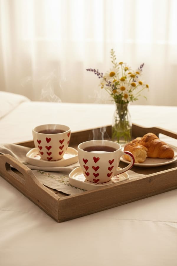 Handcrafted Romantic Red Heart Ceramic Teacup and Saucer Set - Pair — alternate view
