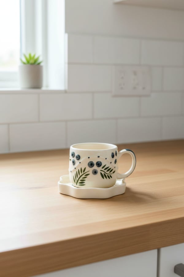 Hand-Painted Blueberry Ceramic Teacup and Scalloped Saucer Set