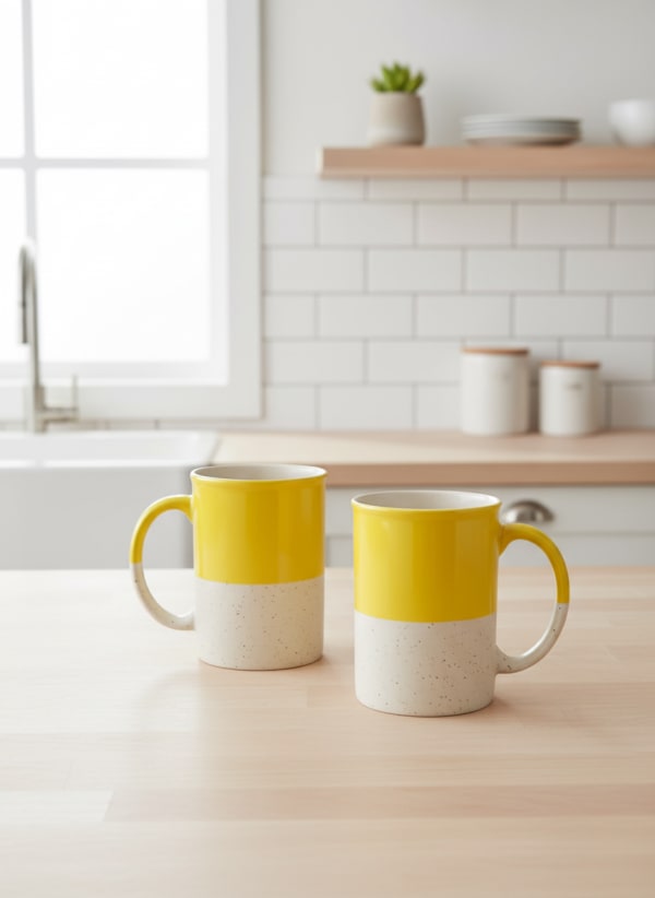 Sunburst Yellow and Speckled White Ceramic Coffee Mug Set of 2