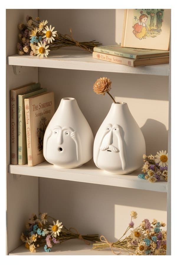 Whimsical Minimalist White Ceramic Face Vases - Set of 2 Decorative Character Flower Pots — alternate view