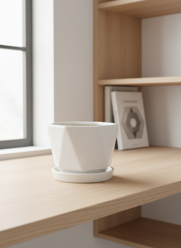 Geometric White Ceramic Planter with Saucer - Modern Indoor Flower Pot