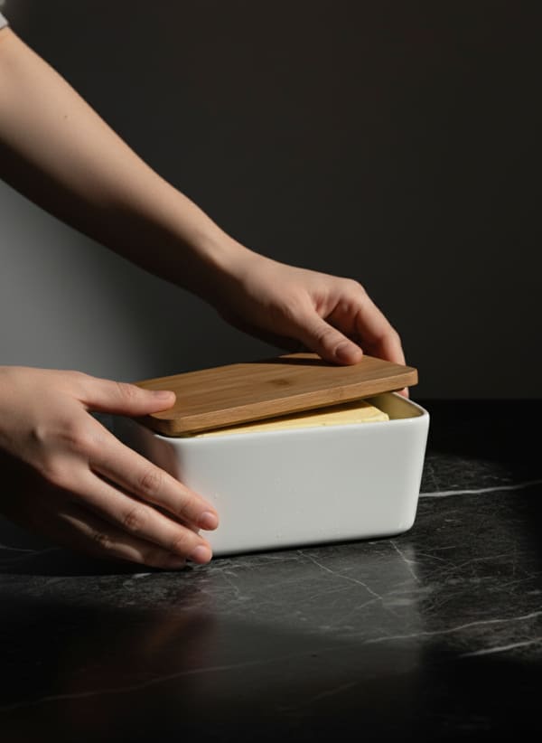Artisanal White Ceramic Butter Dish with Natural Bamboo Lid — alternate view