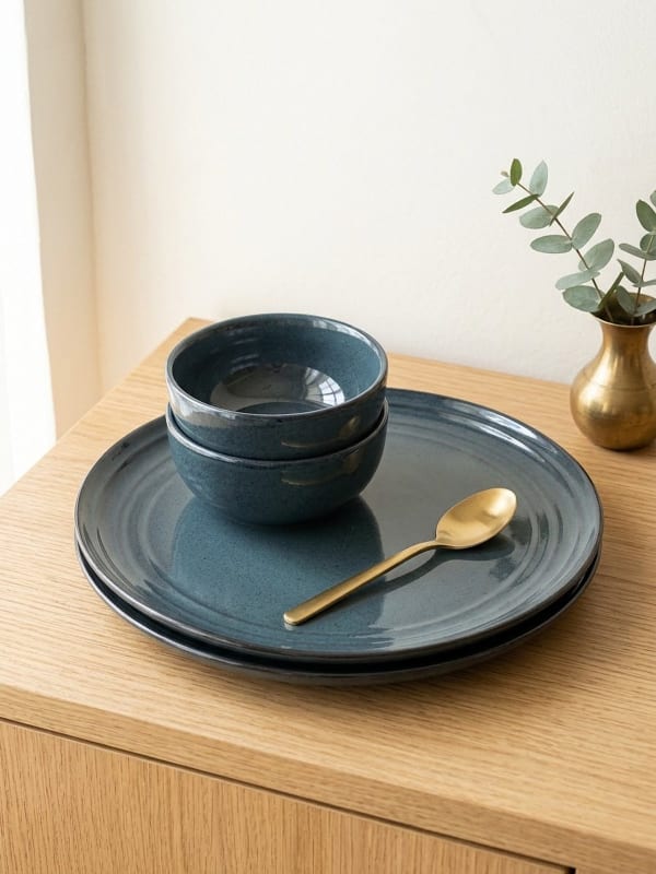 Slate Blue Speckled Ceramic Dinner Set - 2 Plates & 2 Bowls