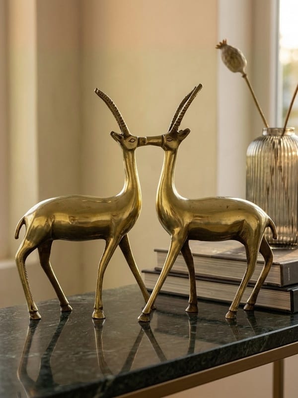 Polished Brass Antelope Deer Pair - Nose-to-Nose Tabletop Showpiece — alternate view