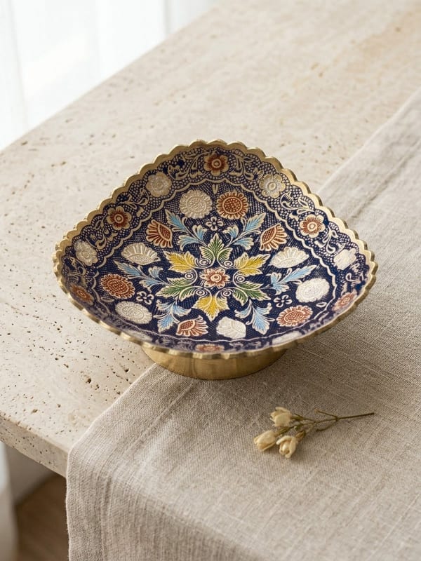 Cobalt Blue Floral Engraved Brass Pedestal Bowl