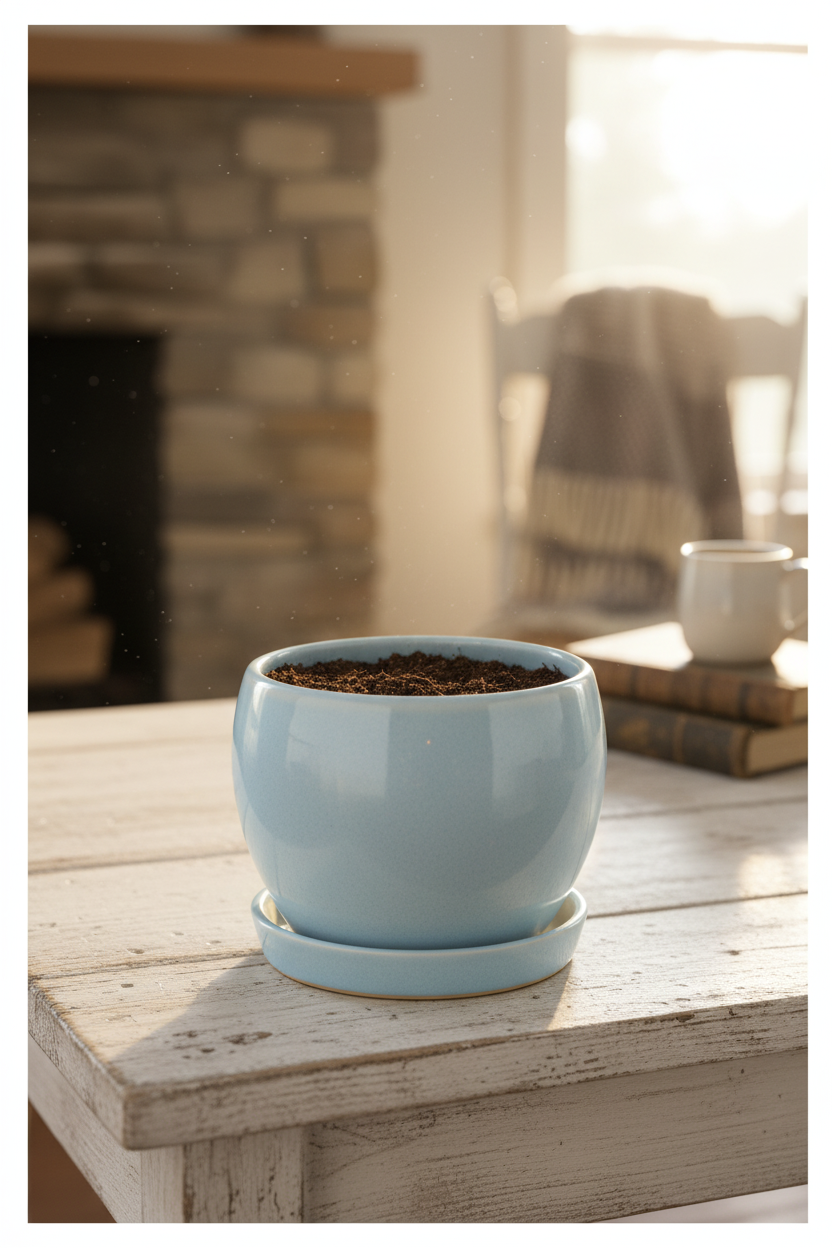 Serene Sky Blue Glazed Ceramic Planter with Matching Saucer Tray — alternate view