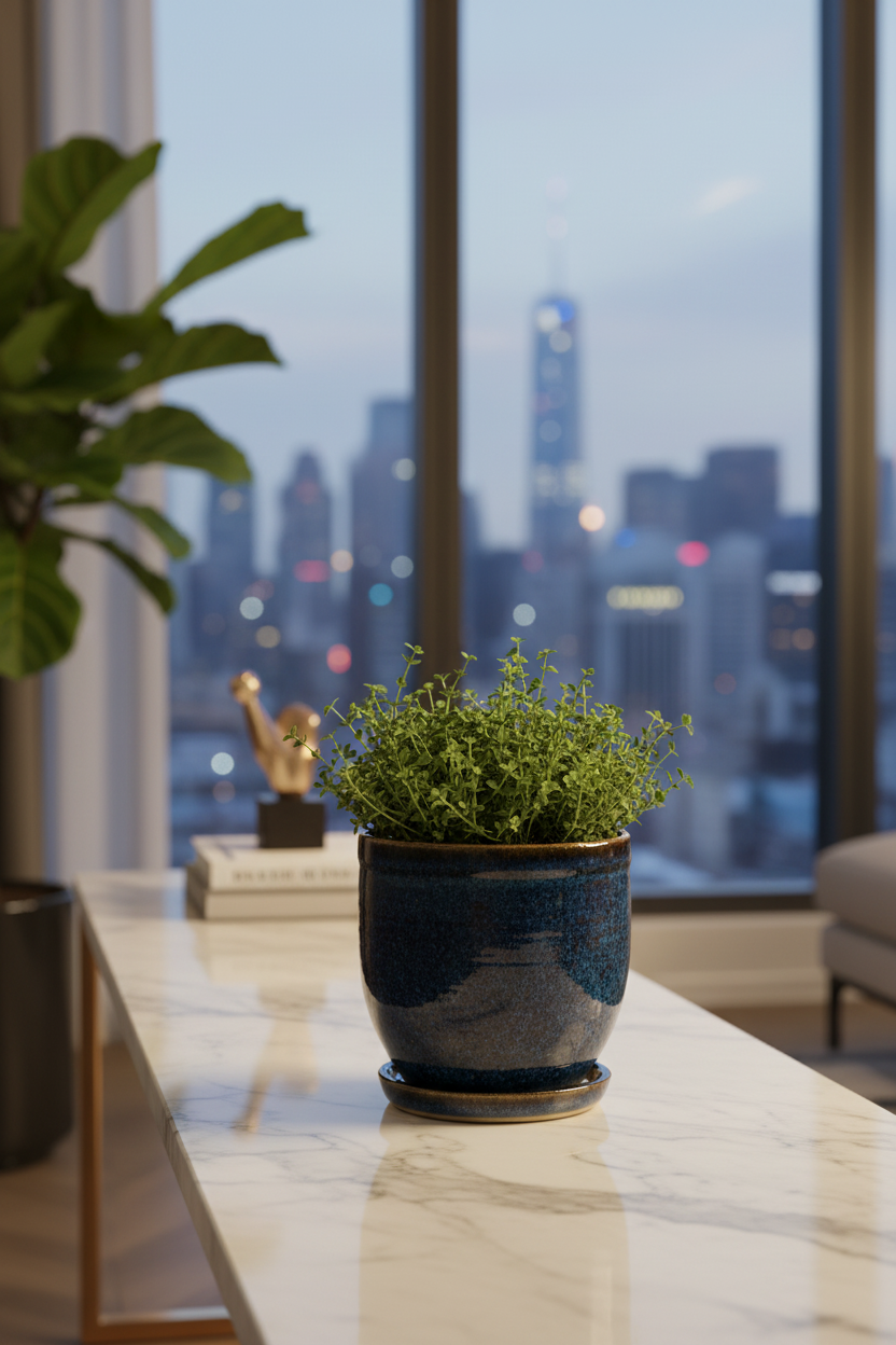 Artisan Blue Glazed Ceramic Indoor Planter with Drainage Saucer — alternate view