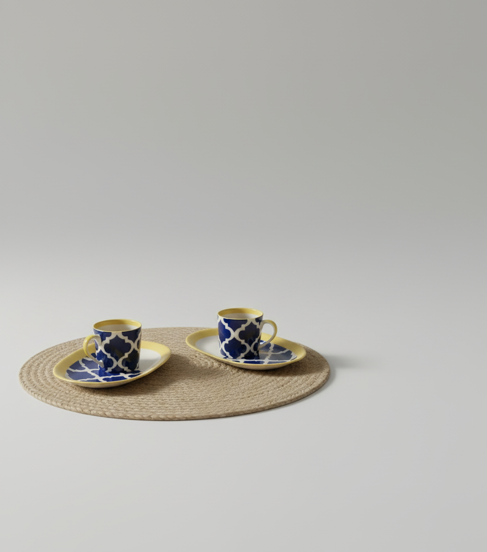 Moroccan Blue and Yellow Ceramic Teacup and Saucer Set of 2