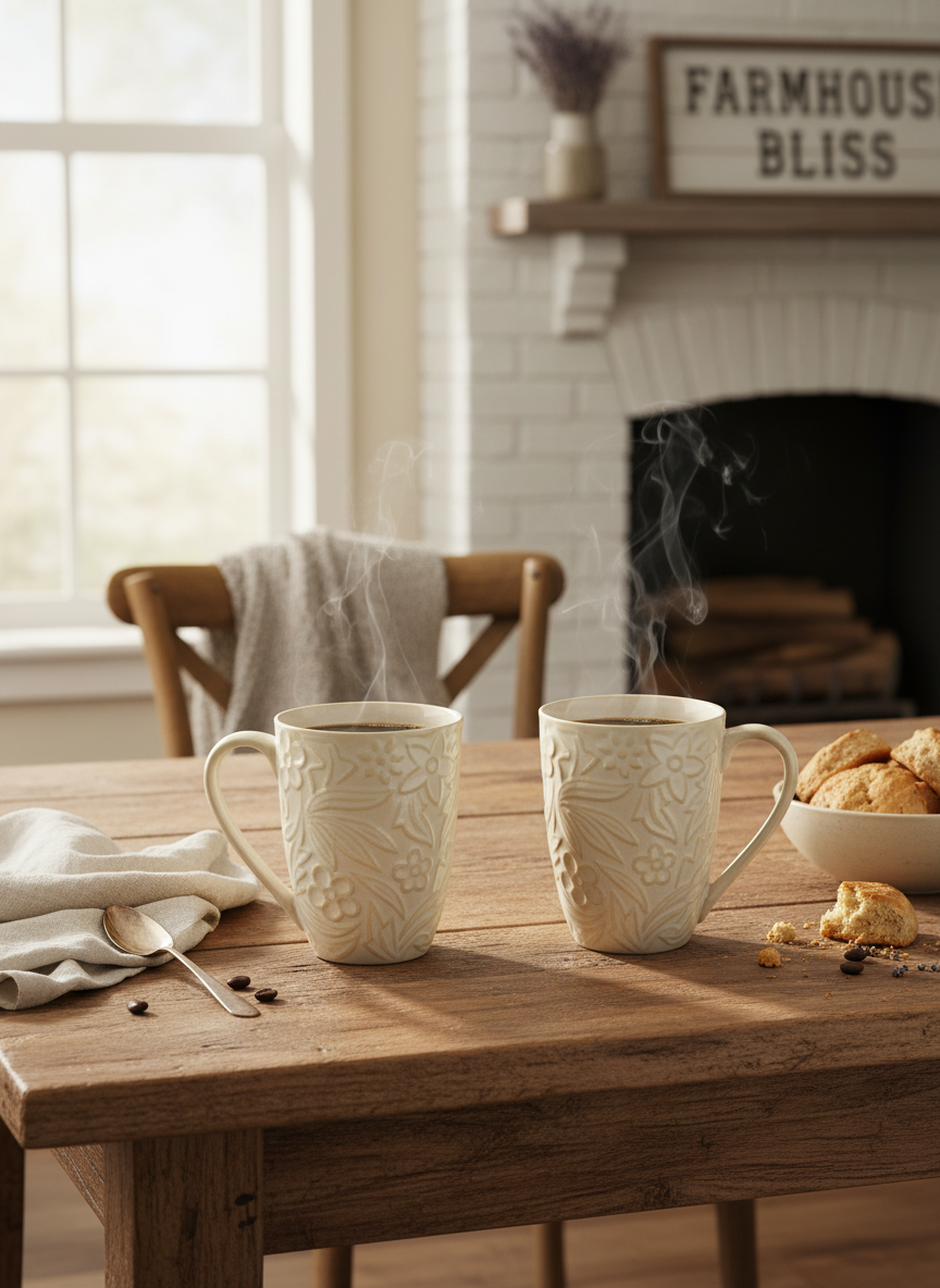 Hand-Embossed Cream Floral Ceramic Tea and Coffee Mugs - Set of 2 — alternate view